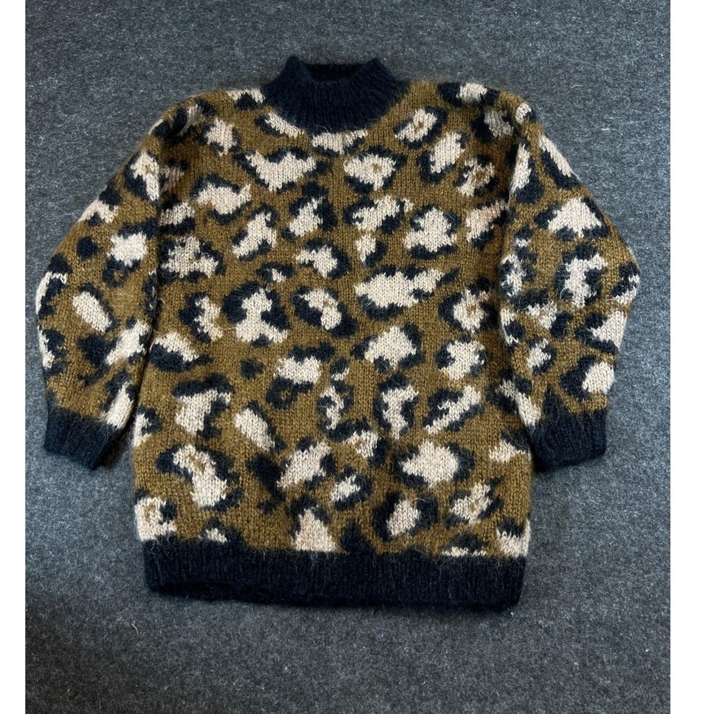 Vintage 90s Hand Knit Mohair Leopard Print Sweater Mens Small Fuzzy Classiques